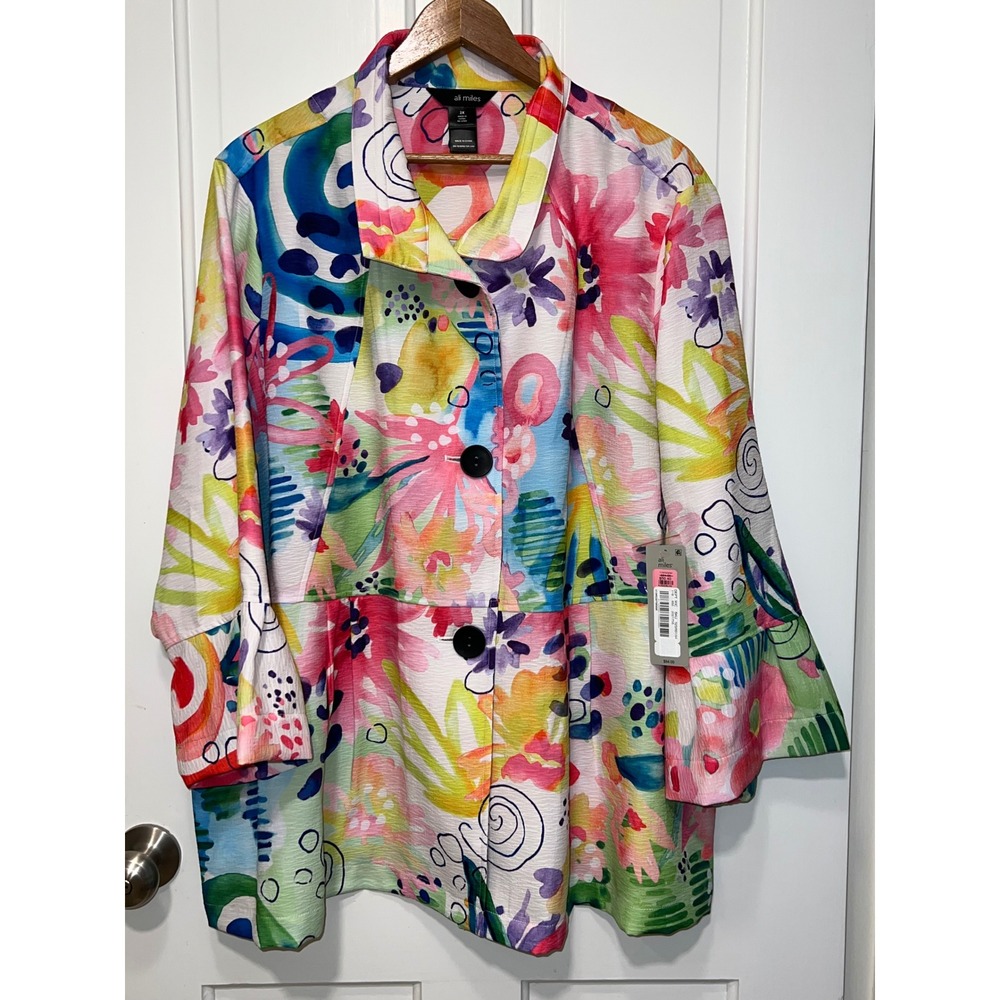 NEW Ali Miles Womens 2X Floral Abstract Button Front Jacket Multicolor
